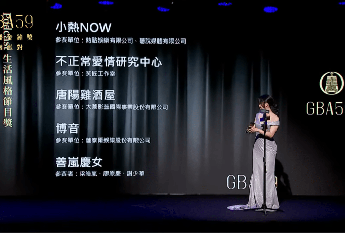 2024 年第 59 屆廣播金鐘獎首度納入 Podcast,圖為第一項大獎「生活風格節目獎」的入圍名單,入圍節目有《小熱 NOW》、《不正常愛情研究中心》、《唐陽雞酒屋》、《博音》、《善嵐慶女》